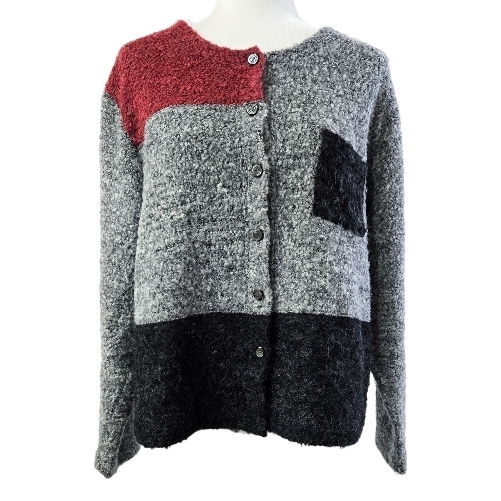 Coldwater Creek Mohair Wool Blend Gray Colorblock Button-up Boxy Fuzzy Cardigan